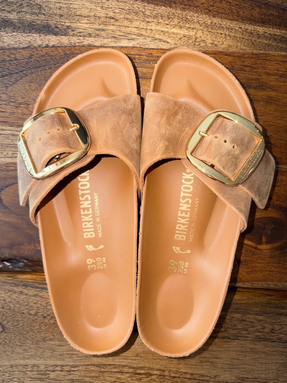 Birkenstock Madrid Big Buckle Sandals in Cognac with Gold Buckles